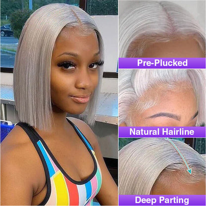 Grey 13x4 Lace Front Human Hair Wig - Straight Silver Bob for Black Women, Pre-Plucked with 150% Density - 10 - Lyvelle