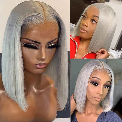 Grey 13x4 Lace Front Human Hair Wig - Straight Silver Bob for Black Women, Pre-Plucked with 150% Density - 10 - Lyvelle