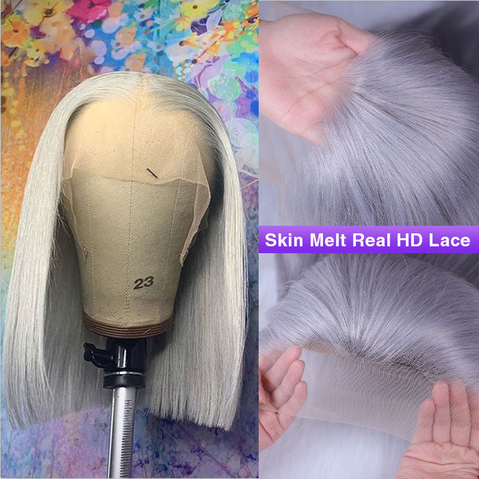 Grey 13x4 Lace Front Human Hair Wig - Straight Silver Bob for Black Women, Pre-Plucked with 150% Density - 10 - Lyvelle