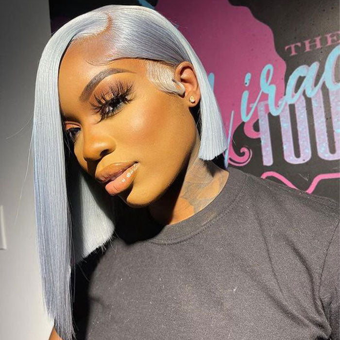 Grey 13x4 Lace Front Human Hair Wig - Straight Silver Bob for Black Women, Pre-Plucked with 150% Density - 10 - Lyvelle