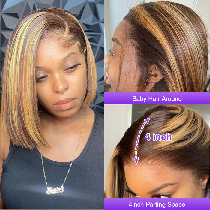 P4/27 Highlighted Short Straight Bob Wig with 4x4 Lace Closure – 100% Virgin Human Hair, 150% Density - 10 / 4x4 Lace / 150% - Lyvelle