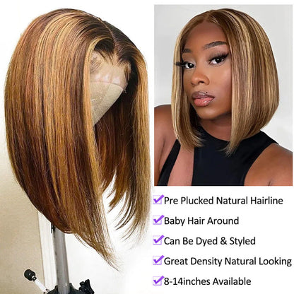 Highlight Short Bob Wig - 13x4/13x6 Lace Front Human Hair with Pre-Plucked Natural Hairline and Baby Hair - 10 / 13x4 Lace / 150% - Lyvelle