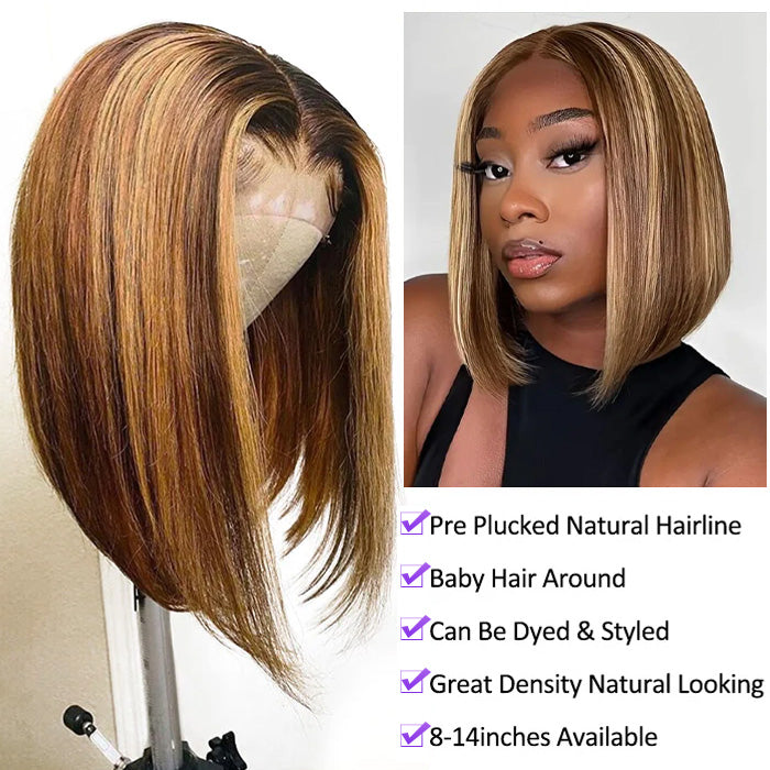 Highlight Short Bob Wig - 13x4/13x6 Lace Front Human Hair with Pre-Plucked Natural Hairline and Baby Hair - 10 / 13x4 Lace / 150% - Lyvelle