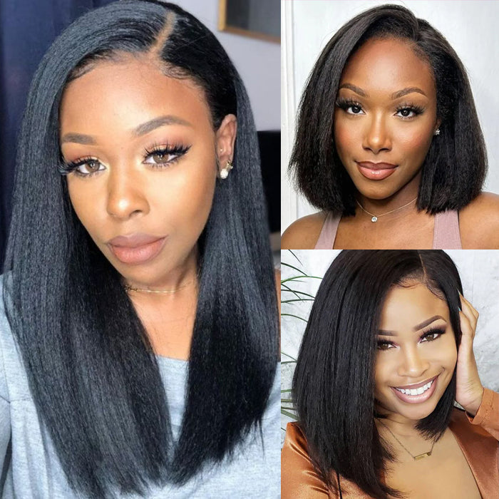 Pre-Cut HD Lace Glueless Bleached Knots Kinky Straight Bob Wig - Human Hair - 8 / 8x5 Pre Cut Lace / Kinky Straight 150% - Lyvelle