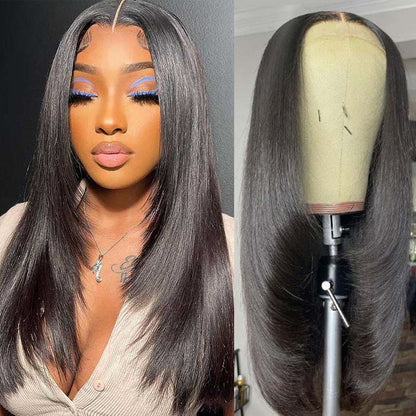 Beautiful Layered Cut Pre-Plucked Glueless 13x4 Frontal Lace Wig - 100% Human Hair - 14 / Mid Part / 5x5 Lace 180% - Lyvelle