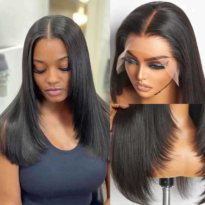 Beautiful Layered Cut Pre-Plucked Glueless 13x4 Frontal Lace Wig - 100% Human Hair - 14 / Mid Part / 5x5 Lace 180% - Lyvelle