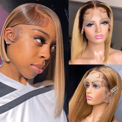 Ombre Blonde T4/27 Straight Lace Front Bob Wig - 13x4 Human Hair - 10 / 13x4 Lace / 150% - Lyvelle