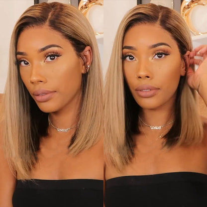 Ombre Blonde T4/27 Straight Lace Front Bob Wig - 13x4 Human Hair - 10 / 13x4 Lace / 150% - Lyvelle