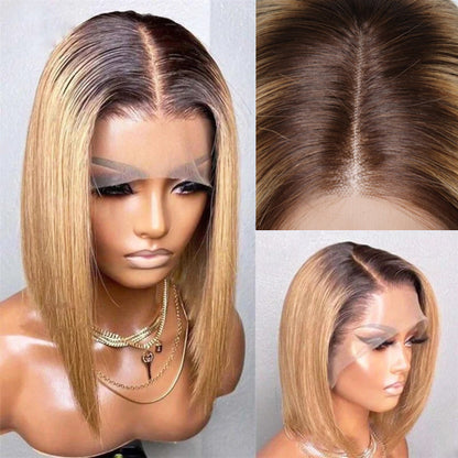 Ombre Blonde T4/27 Straight Lace Front Bob Wig - 13x4 Human Hair - 10 / 13x4 Lace / 150% - Lyvelle