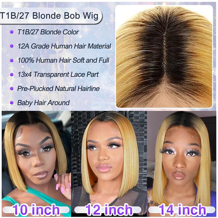 Ombre Honey Blonde Straight Bob Wig - Glueless 13x4 Lace Front - 10 / 4x4 Lace / 150% - Lyvelle