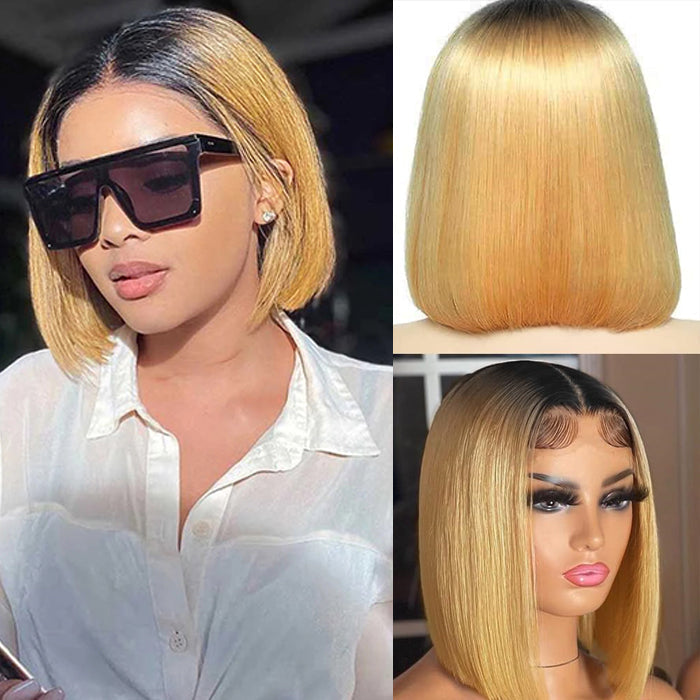 Ombre Honey Blonde Straight Bob Wig - Glueless 13x4 Lace Front - 10 / 4x4 Lace / 150% - Lyvelle