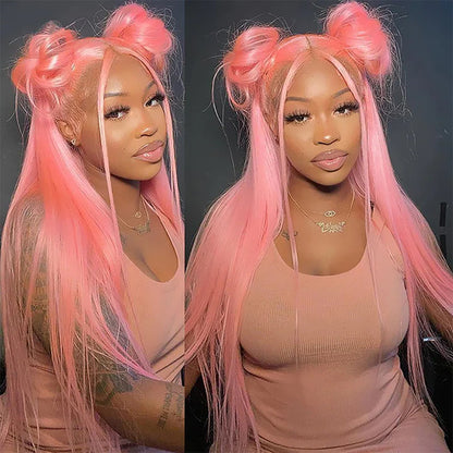 13x4 HD Lace Frontal Straight Pink Human Hair Wig for Women - Pre-Plucked with Bleached Knots - 12 / 13x4 Lace / 150% - Lyvelle