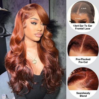 13x4 Lace Front Reddish Brown Body Wave Wig - Real Ear-to-Ear, Pre-Styled, Glueless & Easy to Wear - 12 / 13x4 Pre-All Wig / 150% - Lyvelle