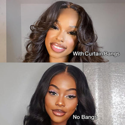 HD Lace Human Hair Wigs with Curtain Bangs and Body Wave - 13x4/13x6 Glueless Design with Pre-Bleached Knots - 16 / 5x5 Pre Cut Lace / 150% - Lyvelle