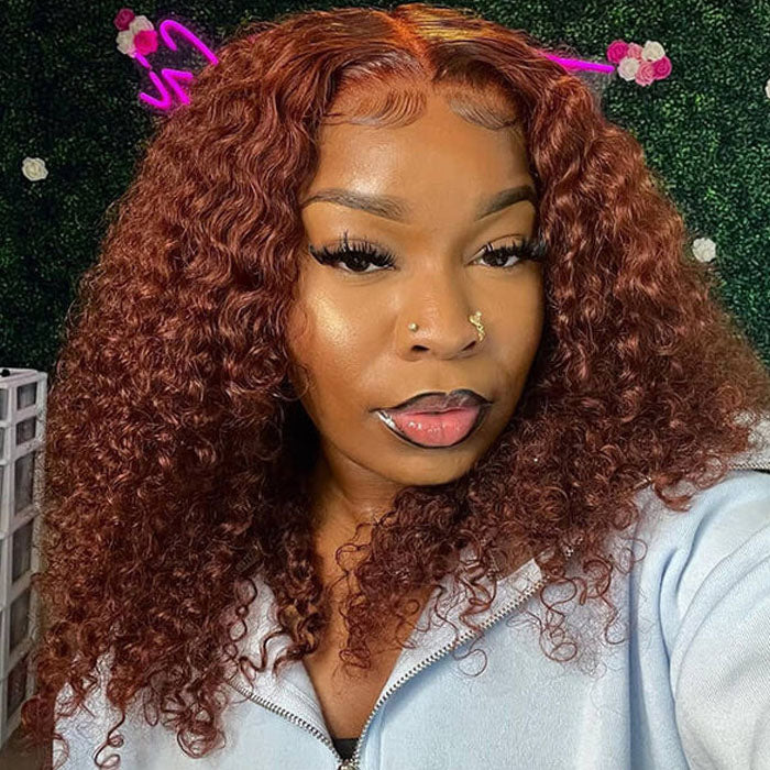 Curly Short Bob Wig in Reddish Brown - 13X4X6 HD Lace Front Human Hair with Pre-Plucked Hairline - 10 / 4x4 Lace / 150% - Lyvelle