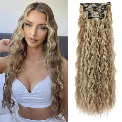 22-Inch Mermaid Deep Wave Clip-In Hair Extensions – 6-Piece Set - 22" / Deep Wave / 6P68-6B2H613 - Lyvelle