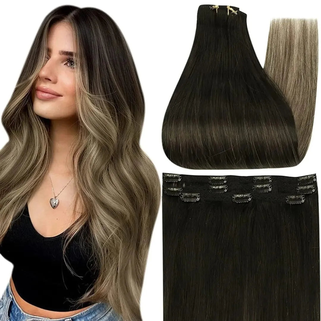 Full Shine Ombre Human Hair Clip-In Extensions – 3-Piece Set - 12" / Straight / 1B 6 27 - Lyvelle