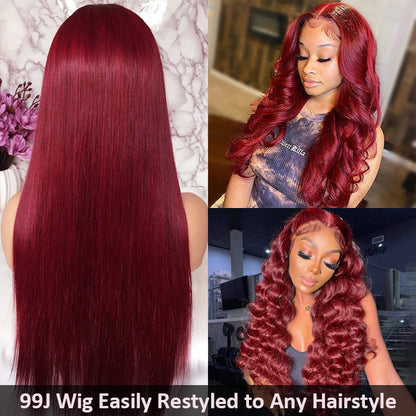 Burgundy HD Lace Front Wig for Women - 99J Straight/Body Wave, 13x4, Pre-Plucked Human Hair - 10 / Straight / 150% - Lyvelle