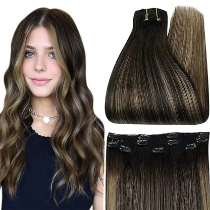 Full Shine Ombre Human Hair Clip-In Extensions – 3-Piece Set - 12" / Straight / 4 24 4(4 27 4) - Lyvelle