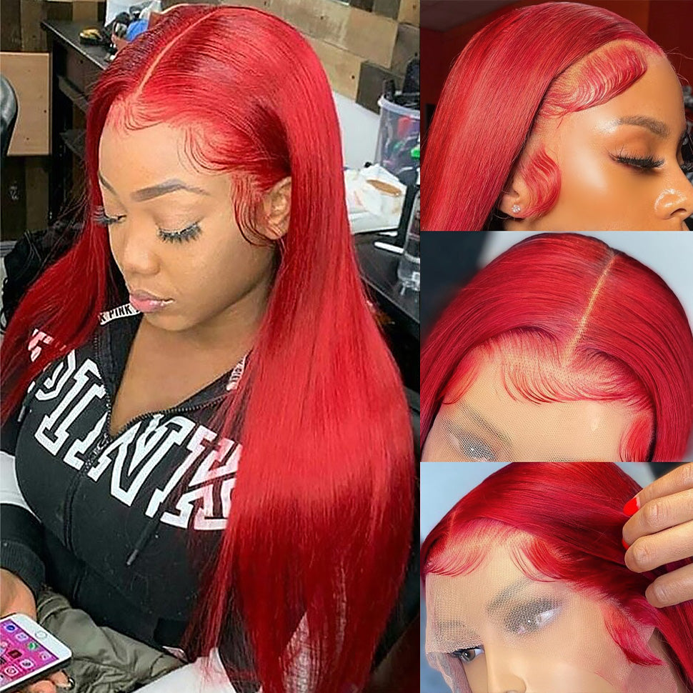 Glueless Red Lace Front Human Hair Wig - 13x4/13x6 Body Wave & Straight Styles - 14 / 4x4 Wig 150% / Straight - Lyvelle