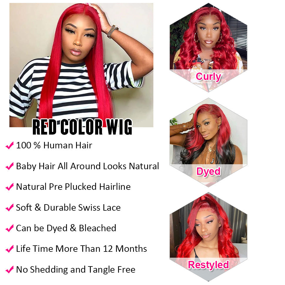 Glueless Red Lace Front Human Hair Wig - 13x4/13x6 Body Wave & Straight Styles - 14 / 4x4 Wig 150% / Straight - Lyvelle