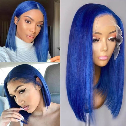 Straight Blue Bob Wig - 150% Density, 13x4 Lace Front, Natural Hairline, Human Hair - 8 / 13x4 Lace / 150% - Lyvelle