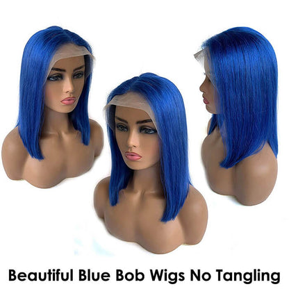 Straight Blue Bob Wig - 150% Density, 13x4 Lace Front, Natural Hairline, Human Hair - 8 / 13x4 Lace / 150% - Lyvelle