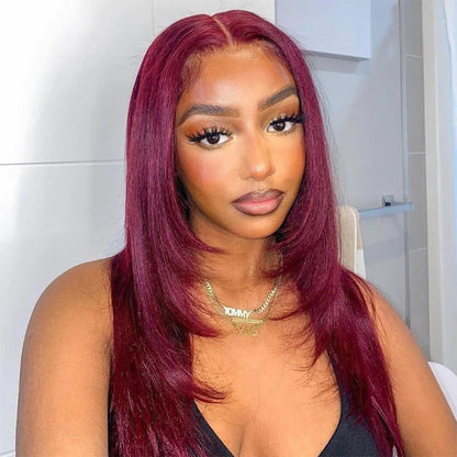 99J Burgundy Layered Straight Wig - 13x4 HD Lace Frontal Human Hair - 14 / Mid Part / 5x5 Lace 180% - Lyvelle