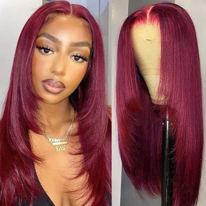 99J Burgundy Layered Straight Wig - 13x4 HD Lace Frontal Human Hair - 14 / Mid Part / 5x5 Lace 180% - Lyvelle