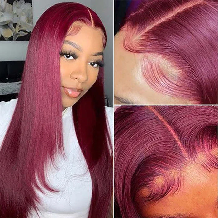 99J Burgundy Layered Straight Wig - 13x4 HD Lace Frontal Human Hair - 14 / Mid Part / 5x5 Lace 180% - Lyvelle