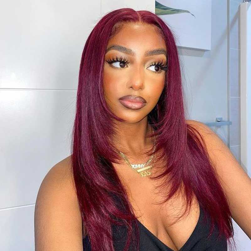 99J Burgundy Layered Straight Wig - 13x4 HD Lace Frontal Human Hair - 14 / Mid Part / 5x5 Lace 180% - Lyvelle