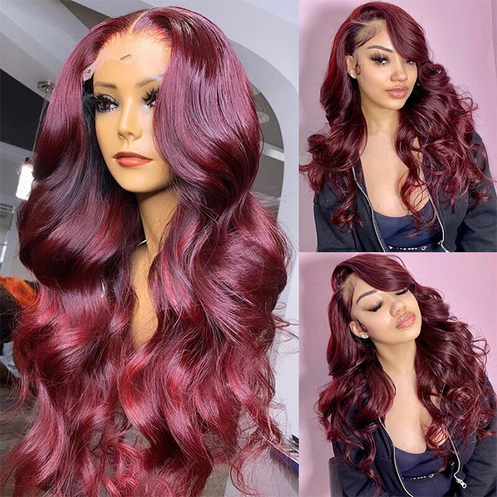 Burgundy HD Lace Front Wig for Women - 99J Straight/Body Wave, 13x4, Pre-Plucked Human Hair - 10 / Straight / 150% - Lyvelle