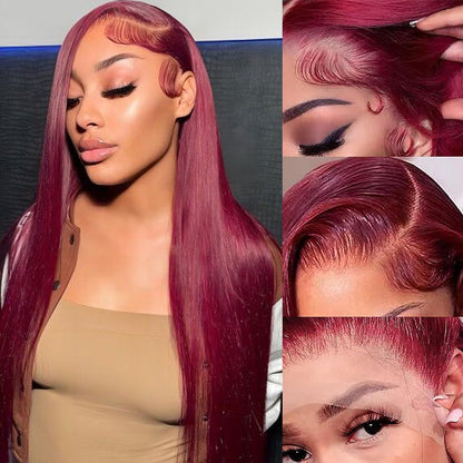 99J Burgundy C Part 13x4 HD Lace Front Human Hair Wig with Pre-Plucked Hairline - 16 / Left C Part / Straight 13x4 Lace - Lyvelle