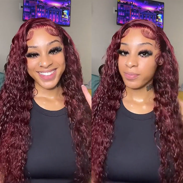 13x4 HD Lace Front Deep Wave Wig in Burgundy 99J - Pre-Plucked Human Hair - 14 / 13x4 Lace / 150% - Lyvelle