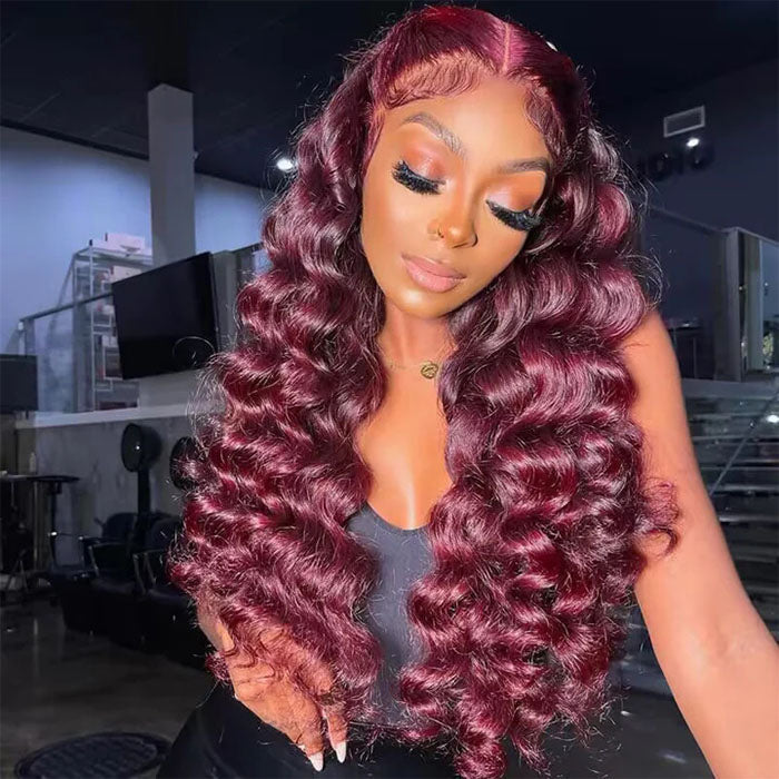 99J Burgundy Loose Wave Human Hair Wigs with 13x4 and 13x6 HD Lace Frontals - 16 / 13x4 Lace / 150% - Lyvelle