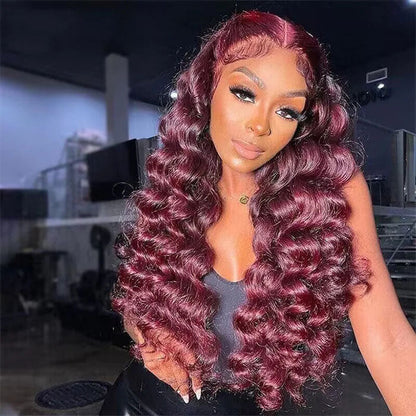 99J Burgundy Loose Wave Human Hair Wigs with 13x4 and 13x6 HD Lace Frontals - 16 / 13x4 Lace / 150% - Lyvelle