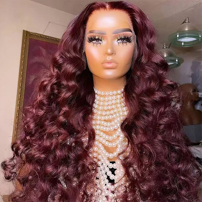 99J Burgundy Loose Wave Human Hair Wigs with 13x4 and 13x6 HD Lace Frontals - 16 / 13x4 Lace / 150% - Lyvelle