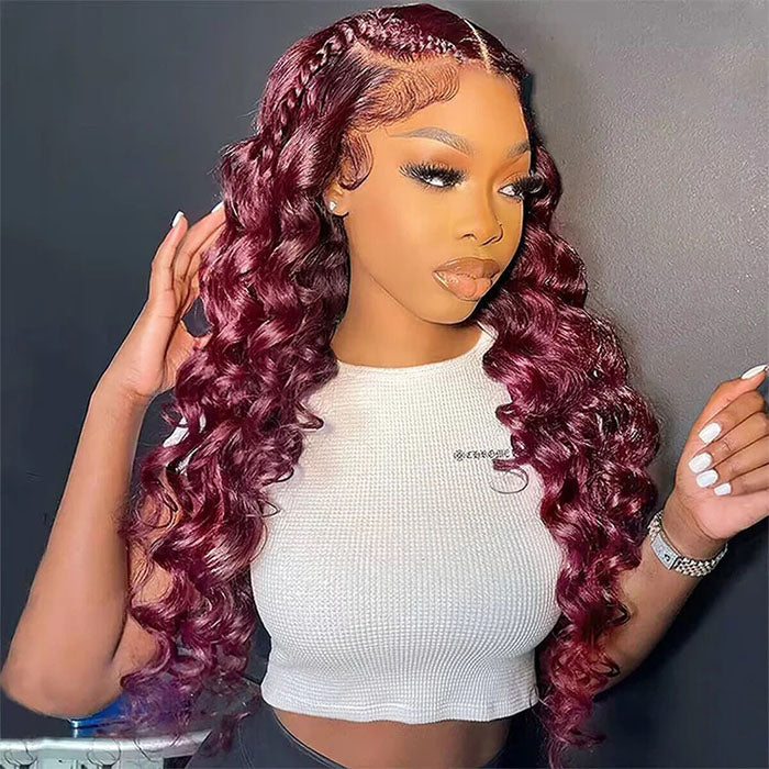 99J Burgundy Loose Wave Human Hair Wigs with 13x4 and 13x6 HD Lace Frontals - 16 / 13x4 Lace / 150% - Lyvelle