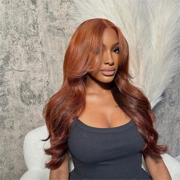 13x4 HD Lace Front Human Hair Wig - #33 Reddish Brown Curtain Bangs - 16 / 5x5 Lace / Straight/150% - Lyvelle