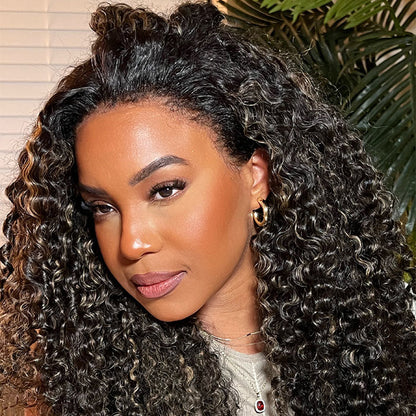 Curly Human Hair Blonde Highlight Frontal Wig - 13x4 Undetectable Lace Front - 16 / 13x4 (Normal Baby Hair) / 150% - Lyvelle