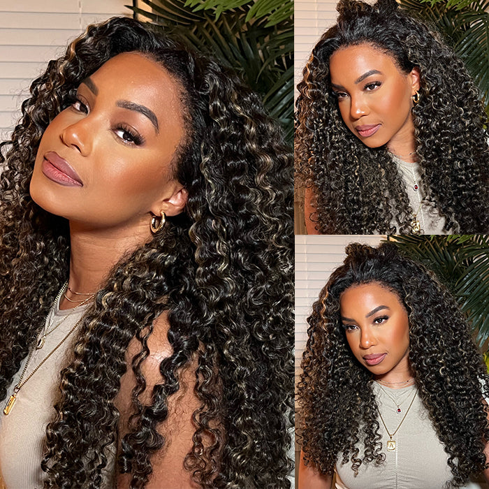 Curly Human Hair Blonde Highlight Frontal Wig - 13x4 Undetectable Lace Front - 16 / 13x4 (Normal Baby Hair) / 150% - Lyvelle