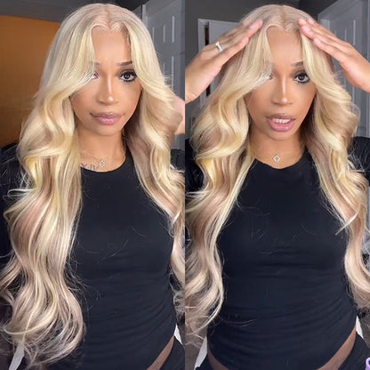 Blonde Highlighted Curtain Bangs Body Wave Wig - 13x6 HD Lace Frontal Layered Human Hair - 16 / 180% / 5x5 Lace - Lyvelle