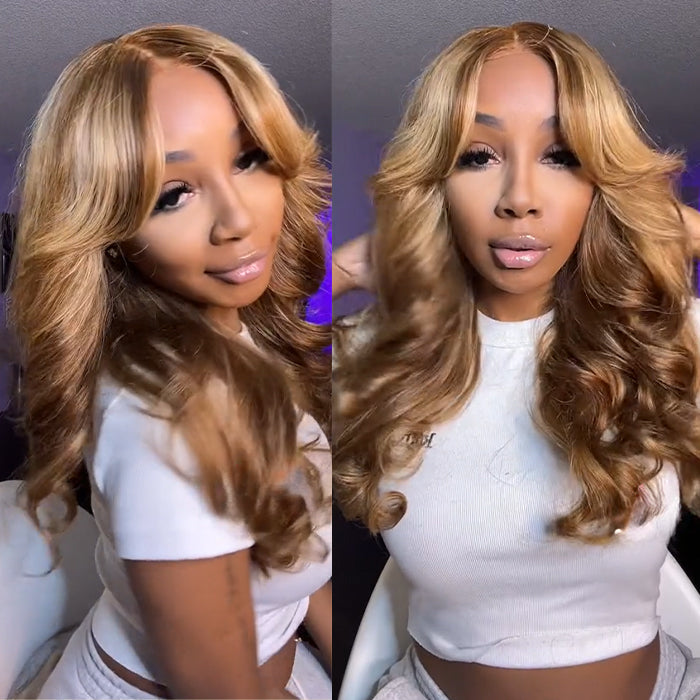 Blonde Highlight 13x4 HD Lace Frontal Wig with Curtain Bangs and Body Wave Human Hair - 14 / 13x4 Lace / 150% - Lyvelle