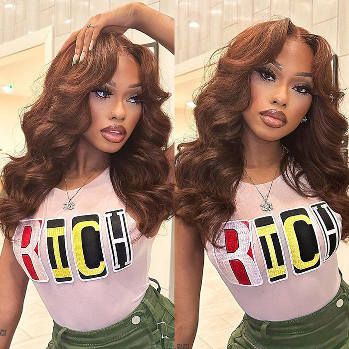 Chocolate Brown #4 13x4 HD Lace Front Body Wave Glueless Human Hair Wig with Curtain Bangs - 14 / 5x5 Glueless Lace / 150% - Lyvelle