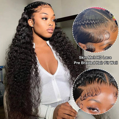 Pre-Braided Deep Wave Human Hair Wig with 13x4 and 13x6 Pre-Cut Lace Frontal - Glueless Design - 16 / 13x4 Pre Cut Lace / 150% - Lyvelle