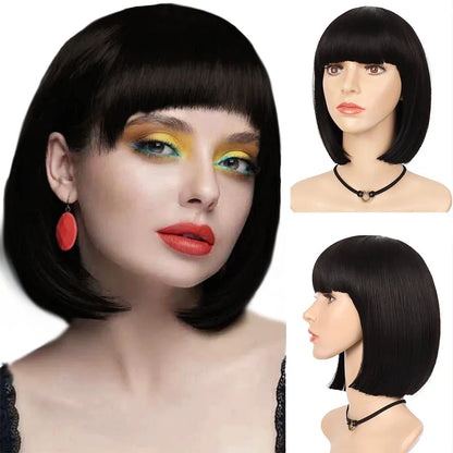 Velvet Luxe Bob Wig – Vibrant Colors Collection with Thick Bangs - 12" / Straight / Black - Lyvelle