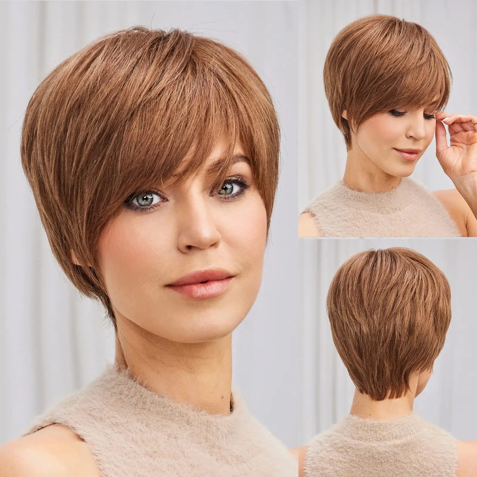 Short Pixie Cut Wig with Bangs – Remy Human Hair, Layered Style - Chestnut Brown - Lyvelle