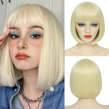 Velvet Luxe Bob Wig – Vibrant Colors Collection with Thick Bangs - 12" / Straight / Blonde - Lyvelle