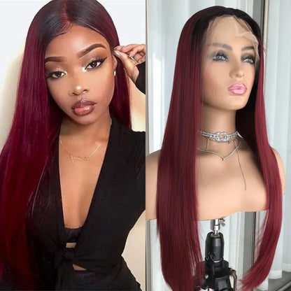 Red Auburn Straight Lace Front Wig – 13x4 Pre-Plucked Synthetic Hair - 24" / Straight / 1B99J - Lyvelle