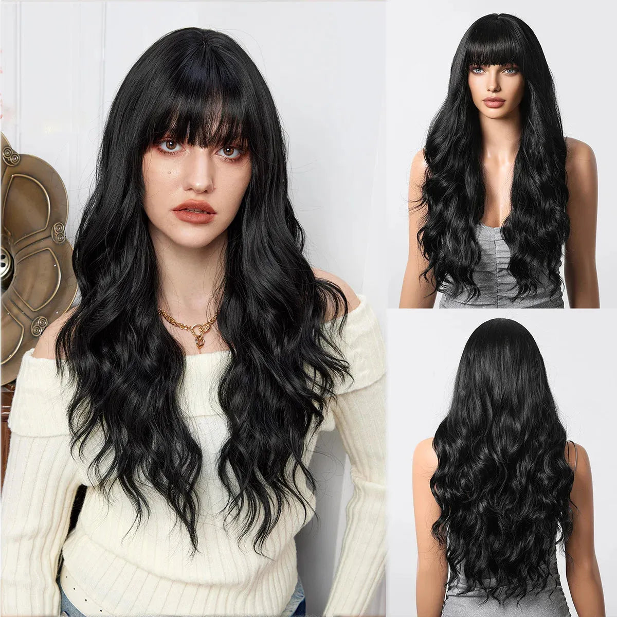 Dark Wavy Synthetic Wig – Side Bangs, Long & Layered - 26" / Natural Wavy / LC8239-4 - Lyvelle